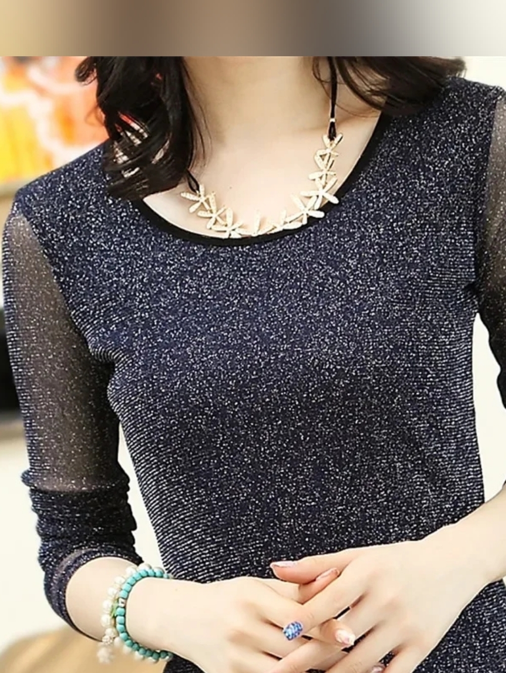 Sparkle Navy Blue Women's Long Sleeve Top